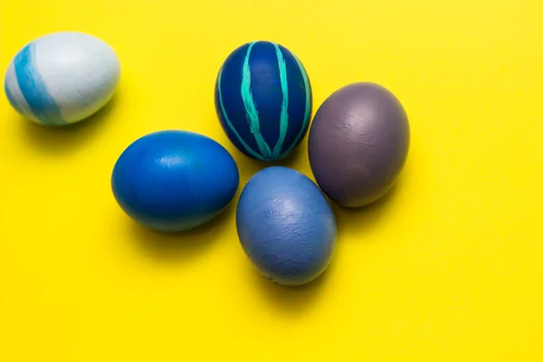 Variation Blue Easter Eggs Yellow Background — Stock Fotó