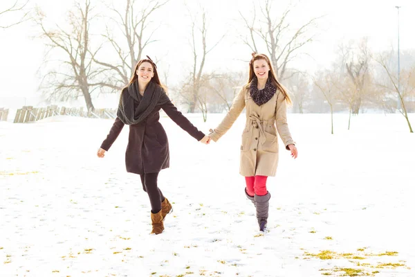 Two Best Friends Walking Together Snow — 图库照片