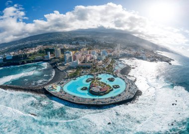 Panoramic aerial view of the city of Puerto de La Cruz in Tenerife on a sunny day