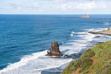 Güneşli bir günde güzel bir volkanik siyah kum plajı. Playa de Benijo, Tenerife