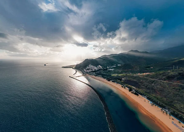 Légi Felvétel Playa Las Teresitas Naplementekor Tenerife Kanári Szigetek Kiváló — Stock Fotó