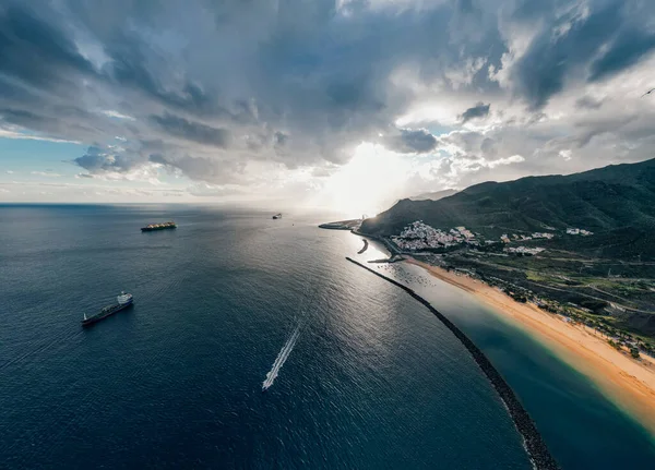 Légi Felvétel Playa Las Teresitas Naplementekor Tenerife Kanári Szigetek Kiváló — Stock Fotó