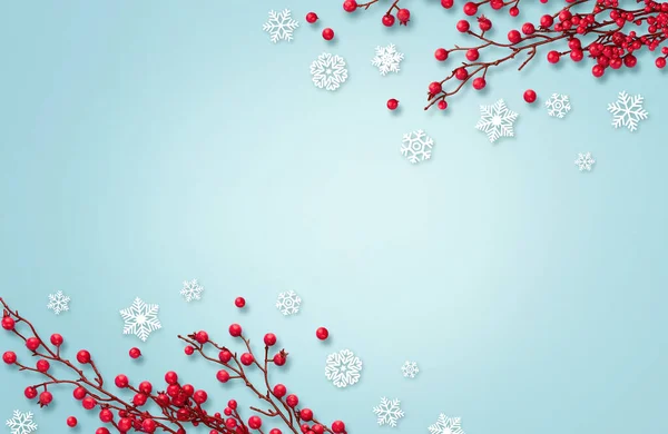 Røde Bær Snefnug Julebaggrund Med Kopiplads - Stock-foto # 