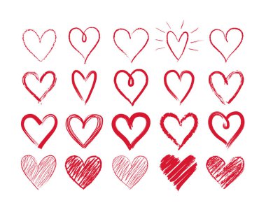 Set of doodle hand drawn hearts. Cute sketched heart shaped design elements for greeting card, web site, sticker, label, logo and Valentines day design.