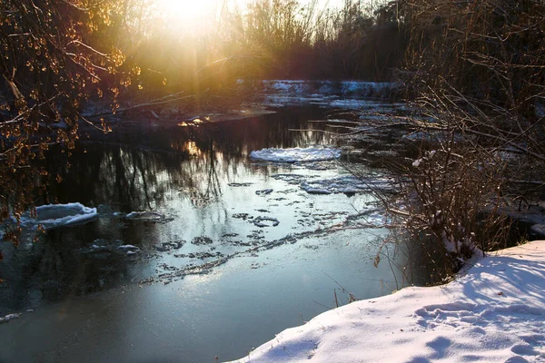 河上的冬季森林 树木覆盖着雪的景观 河流结冰 水面反射 部分被冰覆盖 图库图片