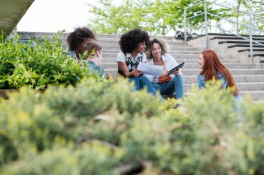 Üniversite kampüsünde açık havada okuyan bir grup üniversite öğrencisi. Konsept: Çalışmalar, arkadaşlık, birlikte