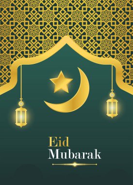 Altın Bayram Mübarek Sancağı ve Aydınlatılmış Fenerlerle Şablon İslami Süs Yıldızı ve Hilal Ay