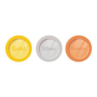 Altın, gümüş ve bronz sikke düz çizim. İzole edilmiş Beyaz Arkaplanda Temiz Simge Tasarım Elemanı