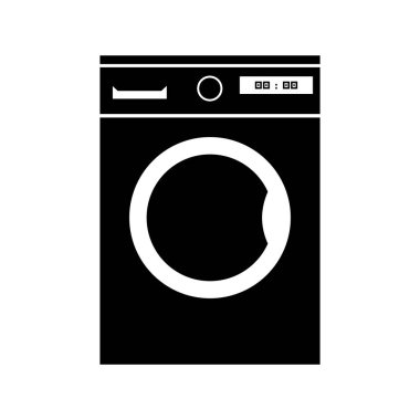 Çamaşır Makinesi Silueti. İzole edilmiş Beyaz Arkaplanda Siyah ve Beyaz Simge Tasarım Elementleri