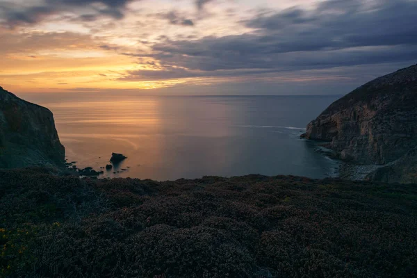 stock image Long exposure of coast near Cap de la Chevre with heather covered landscape at sunset, Crozon, Parc naturel regional d'Armorique Brittany, France