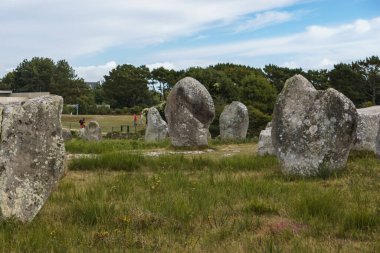 Millerce uzunluktaki megalitik taşlar Carnac, Brittany, Fransa 'daki yeşil çayırlarda hizalandılar