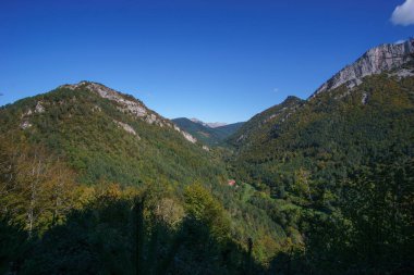 Pireneler Dağları 'ndaki dağ manzarası ve sonbahar boyunca Isaba, Navarre, İspanya yakınlarında ormanlar.