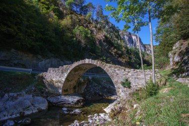 Isaba ortaçağ köprüsü Belagua nehri üzerinde, Pirene Dağları, Navarre, İspanya