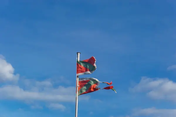 Gescheurde Baskische Vlag Ikurrina Met Blauwe Bewolkte Lucht — Stockfoto