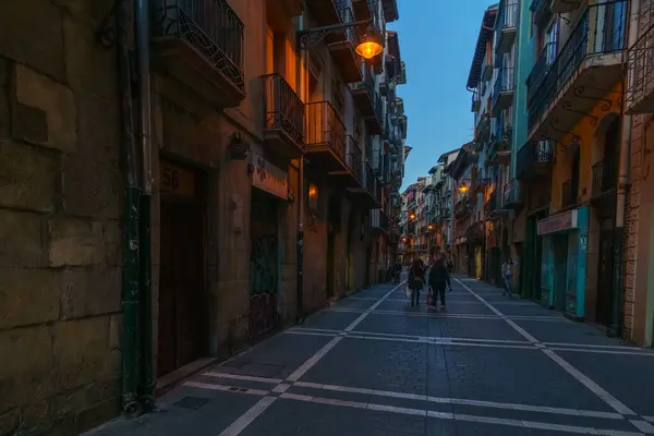 Typical small street view at night during blue hour in Pamplona, Navarra, Spain