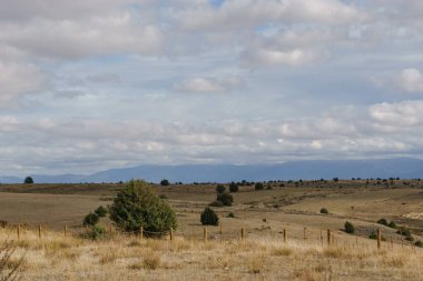 İspanya 'nın Sierra Guadarrama, Segovia, İspanya manzaralı, Hoces del Duraton' daki Duraton nehri kanyonu yakınlarındaki yüksek İspanyol platosunun manzarası.