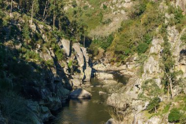 Rio Paiva 'nın kayalık nehir manzarası altın güneş ışığı altında 516 Arouca Köprüsü, Arouca, Portekiz
