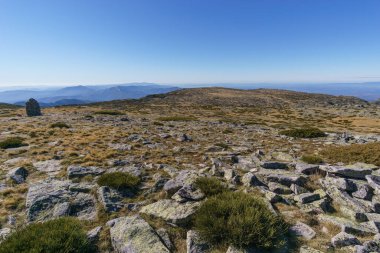 Güneşli bir sonbahar gününde az bitki örtüsüyle Torre, Serra da Estrela, Portekiz 'in yüksek Torre platosunun güzel kayalık manzarası