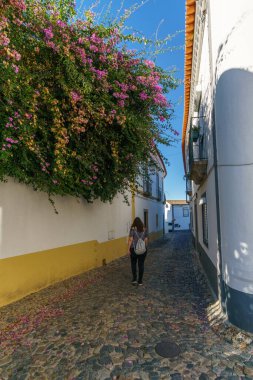 Evora 'nın dar kaldırımlı caddesinde yürüyen genç bir kadın. Duvarında beyaz, sarı evler ve çiçekler var. Evora, Alentejo, Portekiz.