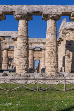 Hera Tapınağı 'nın ünlü UNESCO Dünya Mirası Alanı, Salerno, Campania, İtalya' daki ünlü Paestum Arkeolojik Arkeolojik Bölgesi 'ndeki detaylı görüntüsü