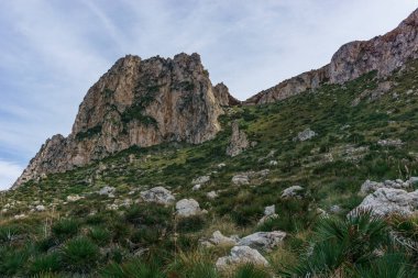 Akdeniz, San Vito Lo Capo, Sicilya, İtalya 'daki Monte Cofano Doğa Parkı' ndaki yeşil bitki örtüsüyle kayalık araziye bakın.