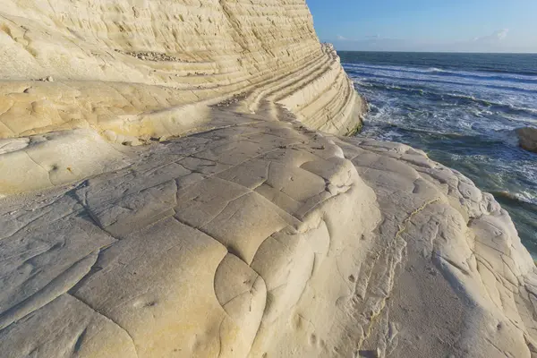 stock image View of white rock cliff Stairs of the Turks or Scala dei Turchi at the mediterranean coast during golden hour at sunset, Realmonte, Sicily, Italy