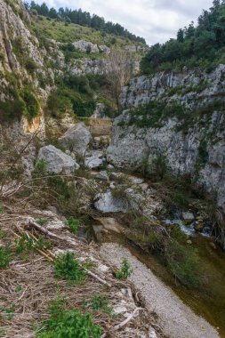 Anapo Vadisi kanyonu manzarası. Nehir doğada. Pantalica 'yı sel basmış, Siracusa, Sicilya, İtalya.