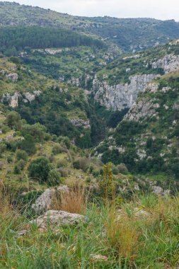 Doğal rezerv Pantalica, Siracusa, Sicilya, İtalya 'daki Anapo Vadisi' nin kanyonuna bakın.