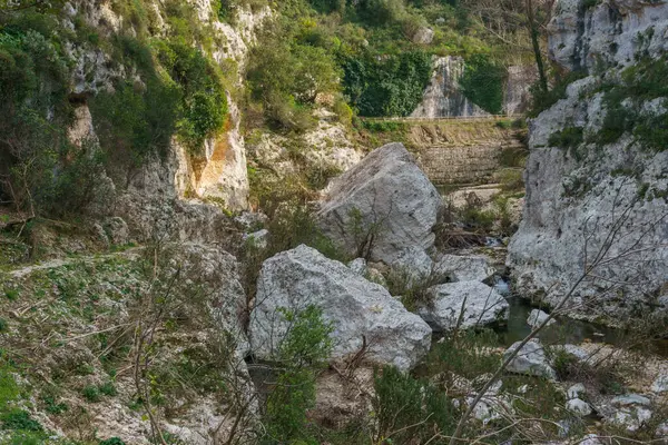 Stock image View of canyon of the Anapo valley with river at the nature reserve Pantalica with flood damage, Siracusa, Sicily, Italy