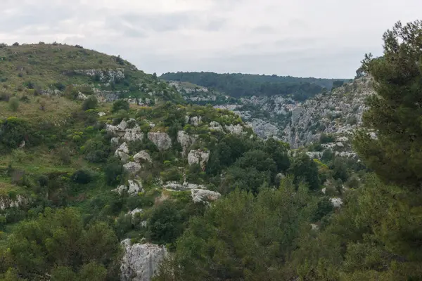 stock image View at the rocky canyon of the Anapo valley at the nature reserve Pantalica, Siracusa, Sicily, Italy