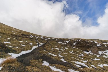 Bulutlu bir kış gününde siyah lav ve sarı otlarla Etna Dağı 'nın volkanik arazisinde yürüyüş yapmak, Catania, Sicilya, İtalya