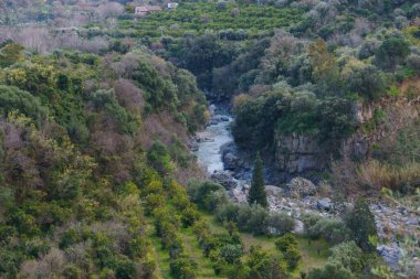Alcantara Nehri 'nin suyu Etna volkanı, Motta Camastra, Sicilya, İtalya yakınlarındaki bazalt kayalıklardan akıyor.