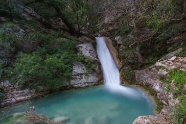 Beautiful natural waterfall of Neda with pool of torquoise water in the rural countryside, Phigalia, Peloponnese, Greece clipart