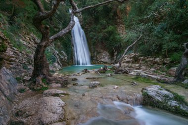 Beautiful natural waterfall of Neda with pool of torquoise water in the rural countryside, Phigalia, Peloponnese, Greece clipart