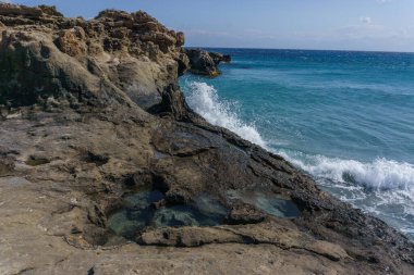 Agios Nikolaos Geopark 'ın güzel manzarası güneşli bir bahar gününde Akdeniz kıyısında taşlaşmış bir orman, Laconia, Peloponnese, Yunanistan