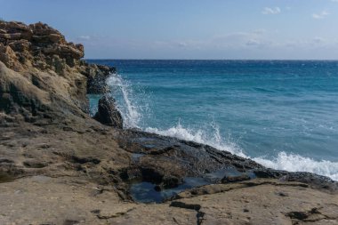 Agios Nikolaos Geopark 'ın güzel manzarası güneşli bir bahar gününde Akdeniz kıyısında taşlaşmış bir orman, Laconia, Peloponnese, Yunanistan