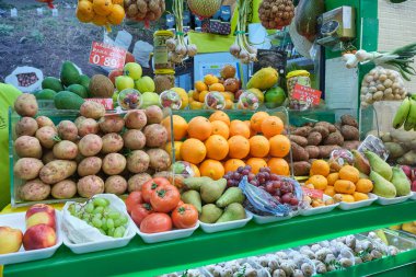 Market Stall 'daki Egzotik Meyvelerin Renkli Gösterimi