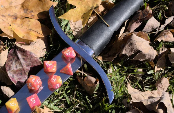 Close up of orange role playing game dice on a sword with autumn leaves outdoors.