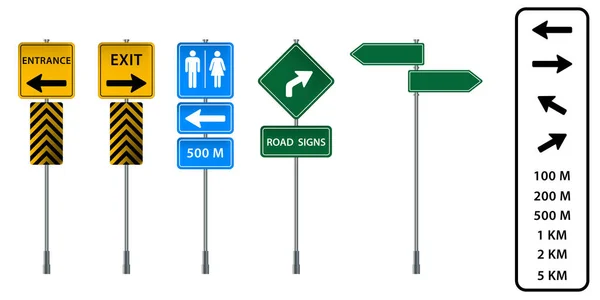 白い背景に孤立した道路標識のセット 出口標識とバスルーム標識 — ストックベクタ