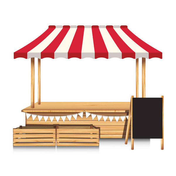 Рынок пустой деревянный киоск с флагами и мелом доска на белом фоне.