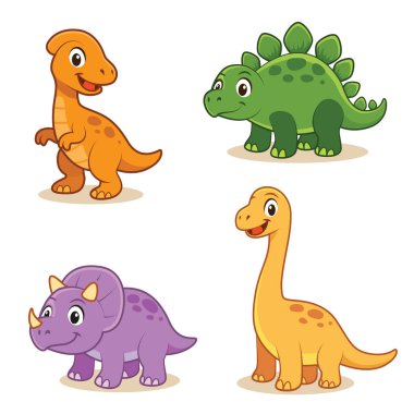 Şirin Karikatür Dinozorları. Beyaz arkaplanda izole edilmiş Dinozor Karakteri Çizgi Filmi.