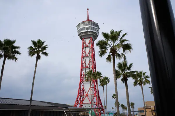 Fukuoka, Japonya - 7 Aralık 2022: Hakata Liman Kulesi, kırmızı örgülü metal gözlem kulesi