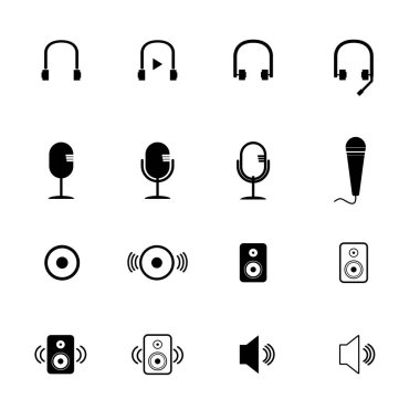 Ses simgesi seti, kulaklık mikrofonu ve hoparlör, Vektör illüstrasyonu