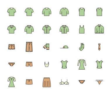 Kadın ve erkek giyim taslak doldurulmuş simge seti. Vektör illüstrasyonu