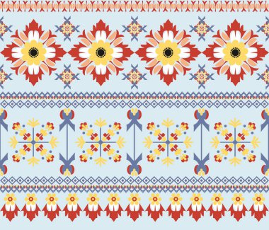 Çiçek desenli kumaş, açık mavi arkaplan üzerinde yerli Asya tarzı, vektör illüstrasyon tasarımı