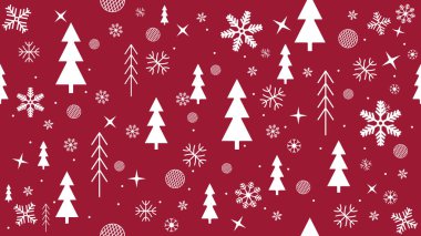 Beyaz kar taneleri ve noel ağaçları kusursuz desenli, yıldızlı neşeli geometrik elementler ve kırmızı arka planda değerli eşyalar.
