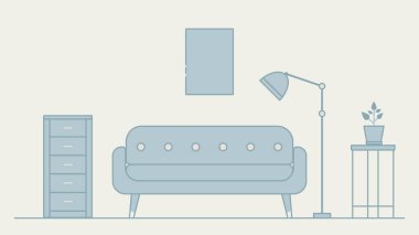 Oturma odası minimalist düz çizgi sanat tarzı, Vektör illüstrasyonu