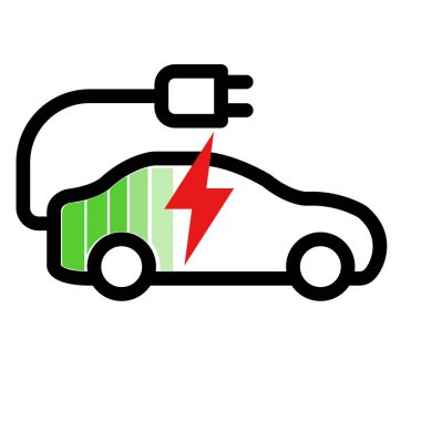 EV şarjlı elektrikli araba, şarj simgesi, gösterge çubuğu, elektrikli araç parkı ve şarj istasyonu tabelası. vektör illüstrasyonu