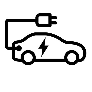 Fiş ikonlu EV şarjlı elektrikli araba, elektrikli araç parkı ve şarj istasyonu tabelası. vektör illüstrasyonu