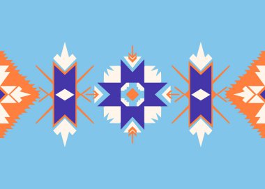 Geometrik kare ve üçgen şeklindeki Kızılderili kabile deseni mavi arkaplanda kumaş, fayans ve halı süsler.